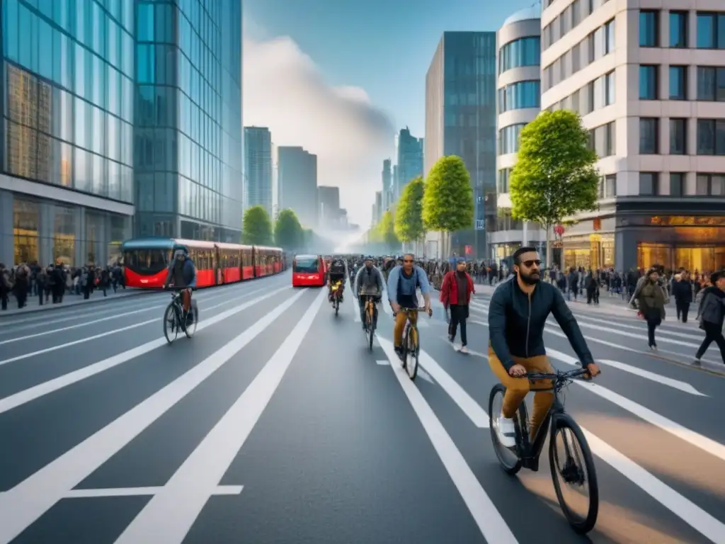 Escena urbana sostenible: Actividades saludables en la ciudad moderna Escena urbana vibrante con desarrollo urbano saludable para habitantes: gente haciendo ejercicio y transporte público ecológico en una ciudad moderna