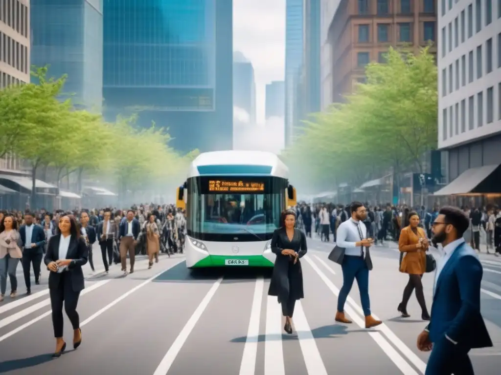 Escena urbana futurista: movilidad social y sostenibilidad en la ciudad Una escena urbana vibrante con desarrollo urbano y movilidad social: personas diversas interactúan con opciones de transporte público futuristas como autobuses eléctricos y bicicletas compartidas, entre rascacielos y espacios verdes, reflejando equilibrio entre progreso y sostenibilidad