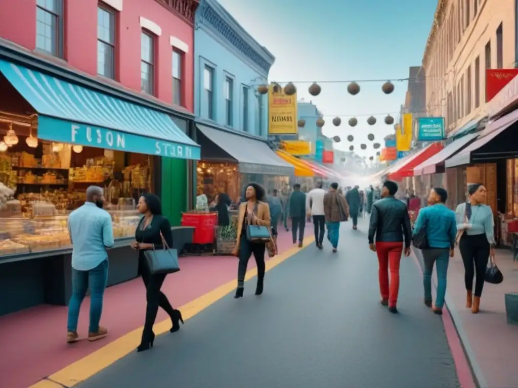 Escena urbana vibrante: diversidad cultural y económica en la ciudad Escena urbana vibrante con negocios locales diversos, personas de distintos orígenes culturales y arte callejero, ilustrando la integración cultural y económica en la ciudad