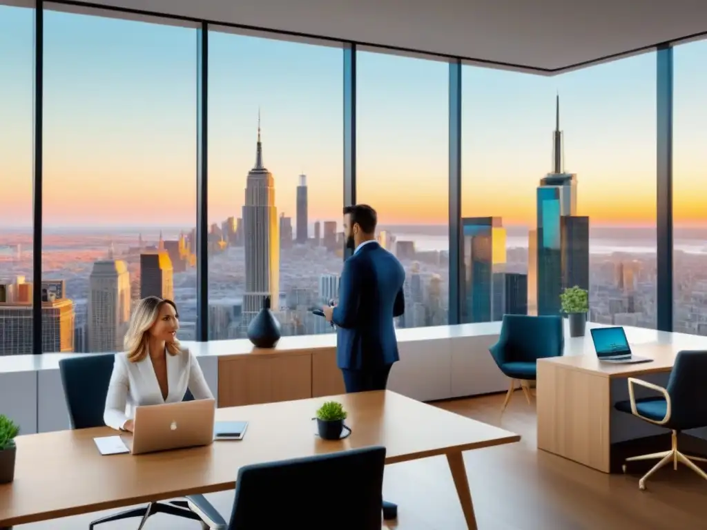 Escena inmobiliaria exitosa: agentes de éxito en acción Una escena vibrante de agentes inmobiliarios exitosos discutiendo acuerdos en una oficina moderna