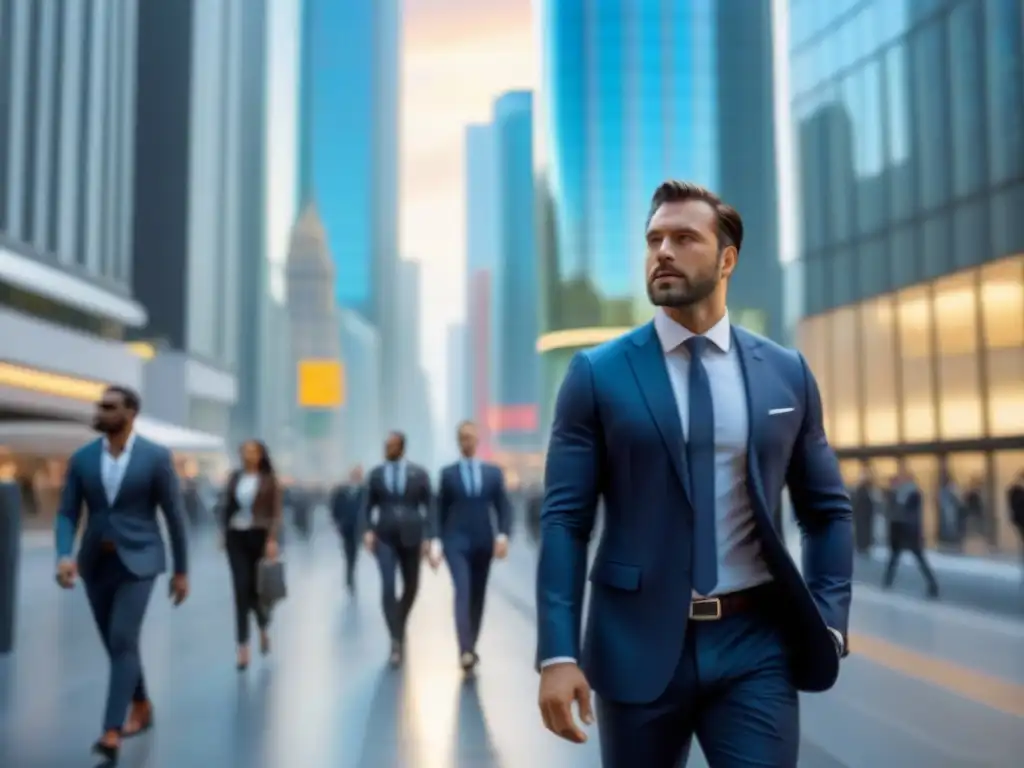 Escena inmobiliaria próspera: inversiones en REITs Escena vibrante de bienes raíces comerciales con rascacielos y profesionales, destacando ventajas REITs comerciales vs propiedades