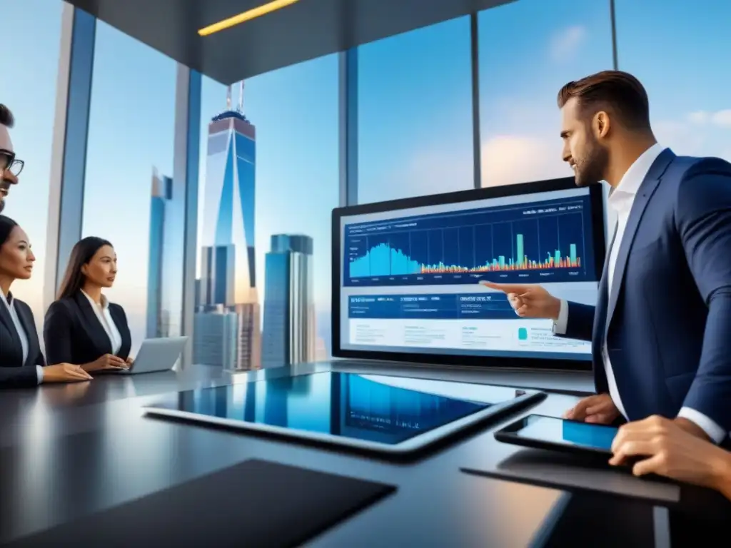 Centro financiero dinámico: profesionales innovadores en acción Una escena vibrante de un distrito financiero con profesionales colaborando en servicios financieros mercado inmobiliario