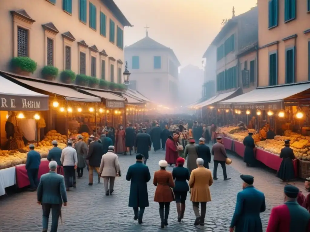 Mercado antiguo en 8k: evolución histórica del financiamiento inmobiliario Escena vibrante de un mercado antiguo con hitos históricos de financiamiento inmobiliario y bulliciosa multitud en trajes de época