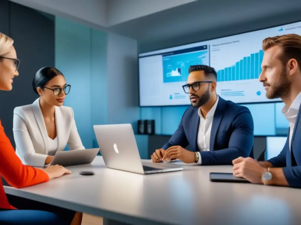 Profesionales innovadores en estrategias de marketing digital para seguros Una escena vibrante en una oficina moderna: profesionales discuten estrategias de promoción de seguros de propiedad en redes sociales