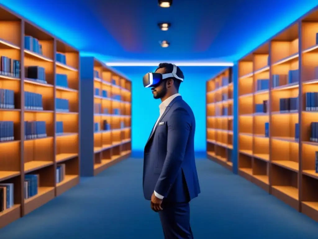 Espacio inmersivo de real estate futurista Escenario futurista de una biblioteca virtual con tecnología de realidad aumentada y libros electrónicos brillantes sobre financiamiento inmobiliario