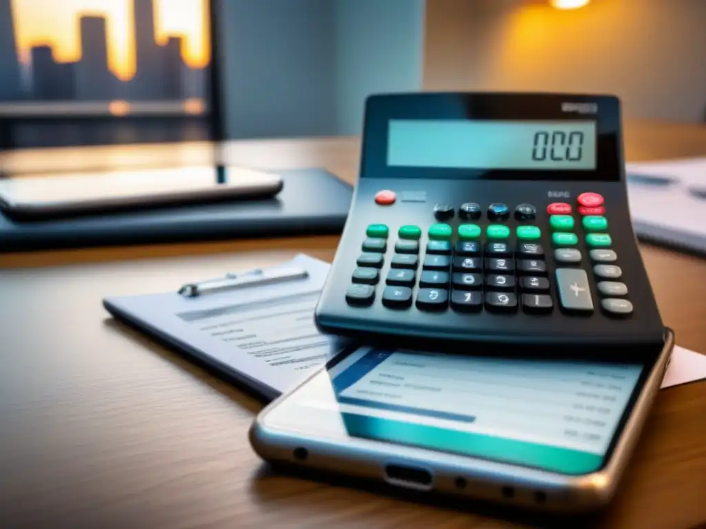 Calculadora de inversión inmobiliaria: precisión y profesionalismo Un escenario profesional con calculadora, informes financieros y móvil mostrando una app de inversiones