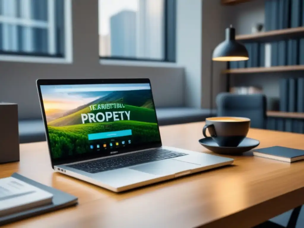 Oficina moderna con plataforma de afiliados inmobiliarios Un escritorio elegante con laptop mostrando plataforma de afiliados de bienes raíces, libros de inversión, lámpara y café