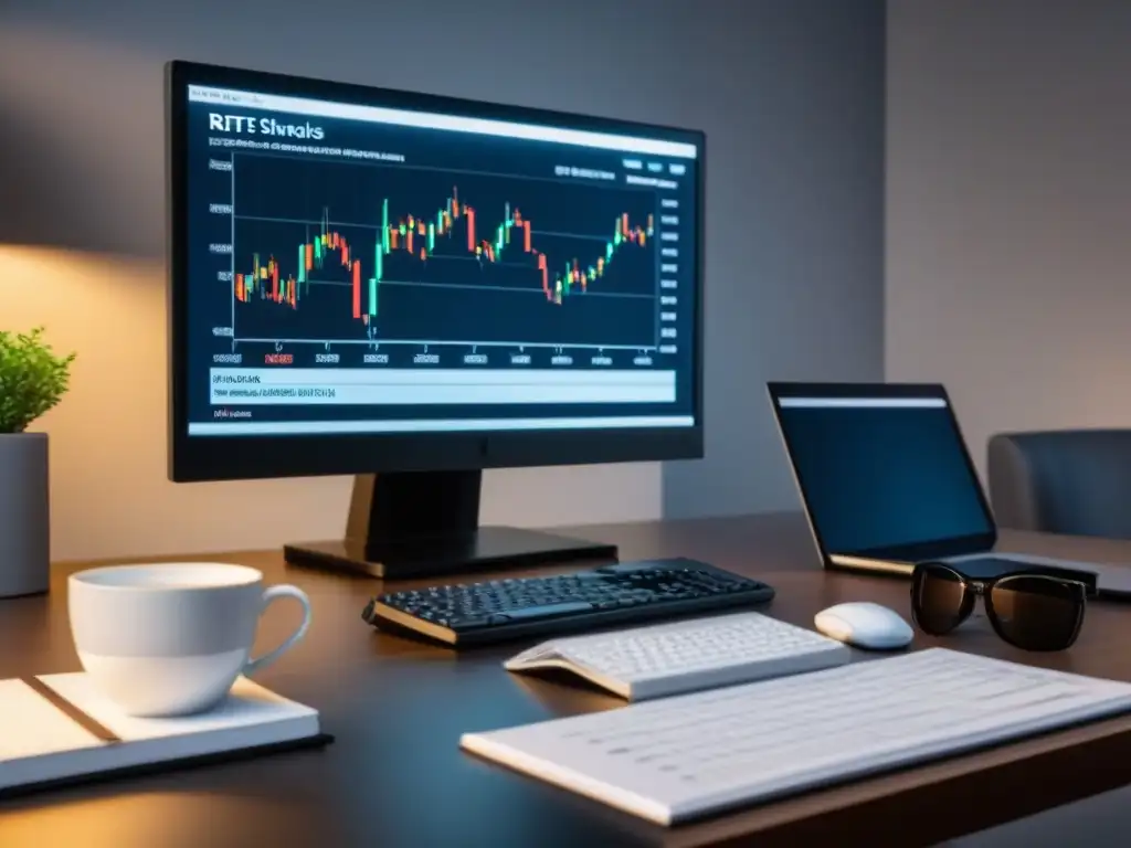 Escritorio financiero moderno con análisis técnico de REITs Escritorio moderno de analista financiero con computadora de doble pantalla, gráficos bursátiles, libros sobre REITs, café y silla de cuero