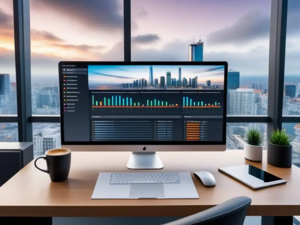 Un escritorio moderno con analítica web para préstamos inmobiliarios, café y una vista urbana inspiradora