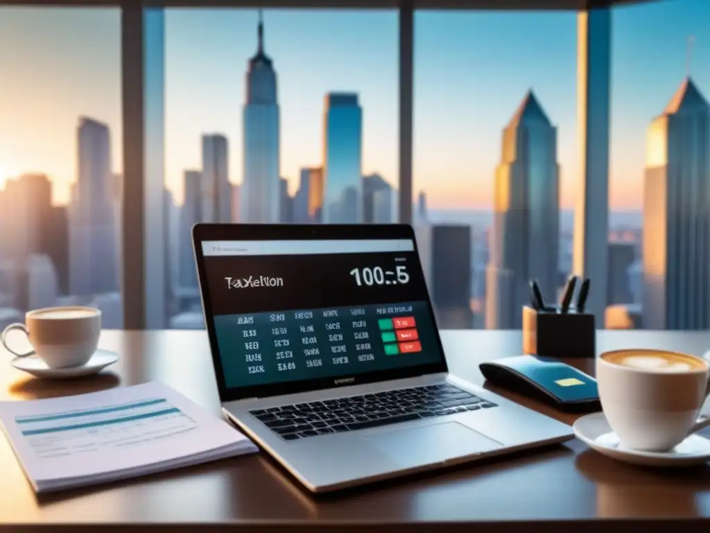 Oficina moderna: cálculos financieros y café con vista urbana Escritorio moderno con documentos financieros, laptop mostrando cálculos de amortización y café, iluminado por luz natural con vista a la ciudad