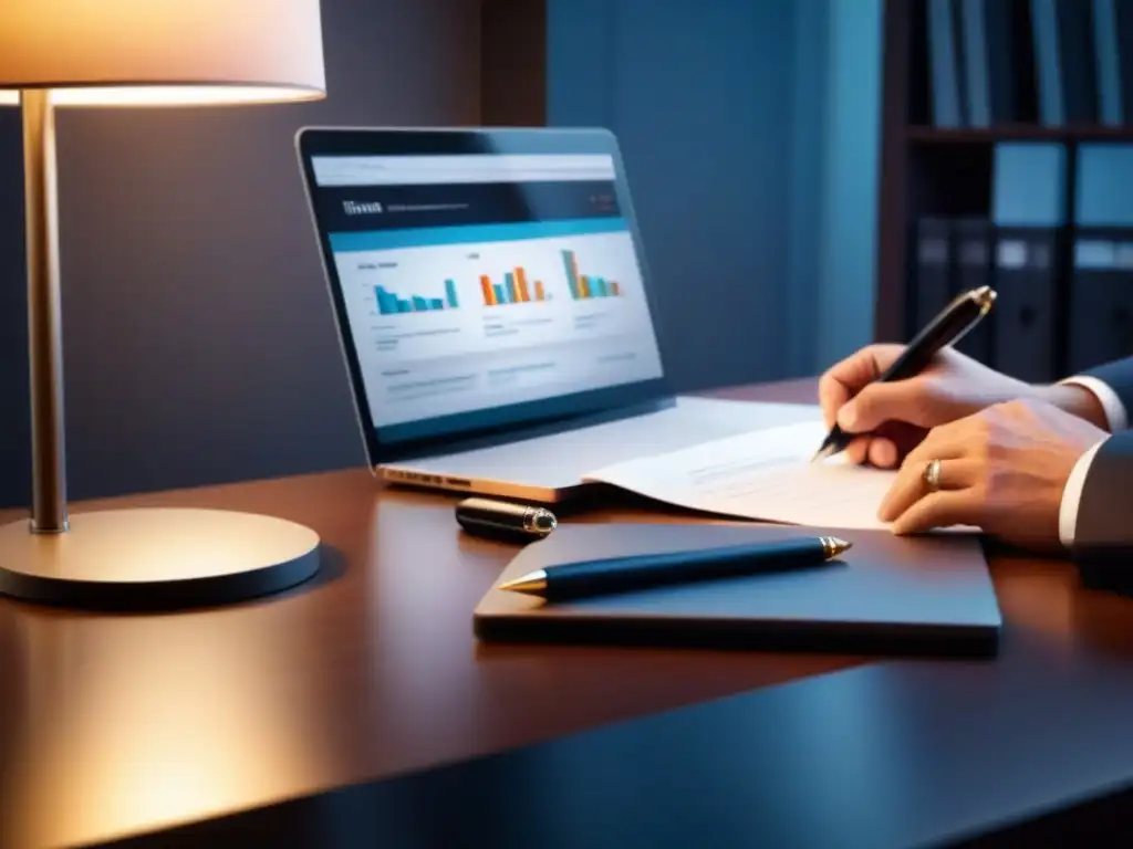Oficina moderna: firma de contrato financiero en escritorio elegante Un escritorio moderno y elegante con laptop, gráfico financiero, café, bolígrafo y contrato
