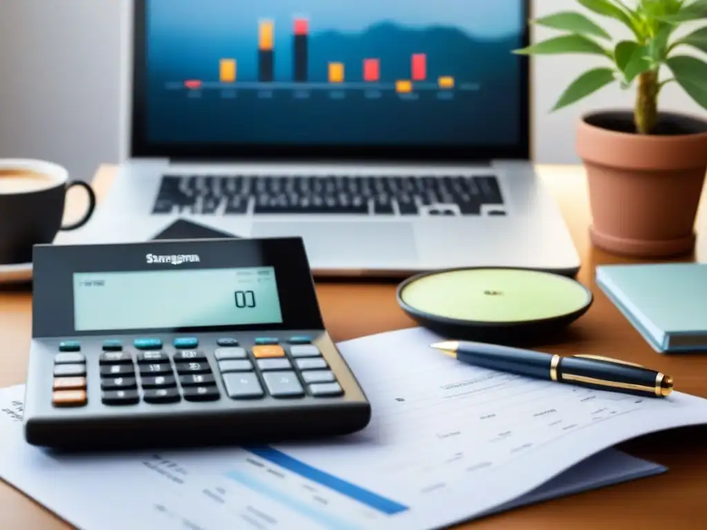 Escritorio profesional con herramientas financieras para inversión Un escritorio moderno con herramientas financieras para un portafolio inversión corto plazo diversificado