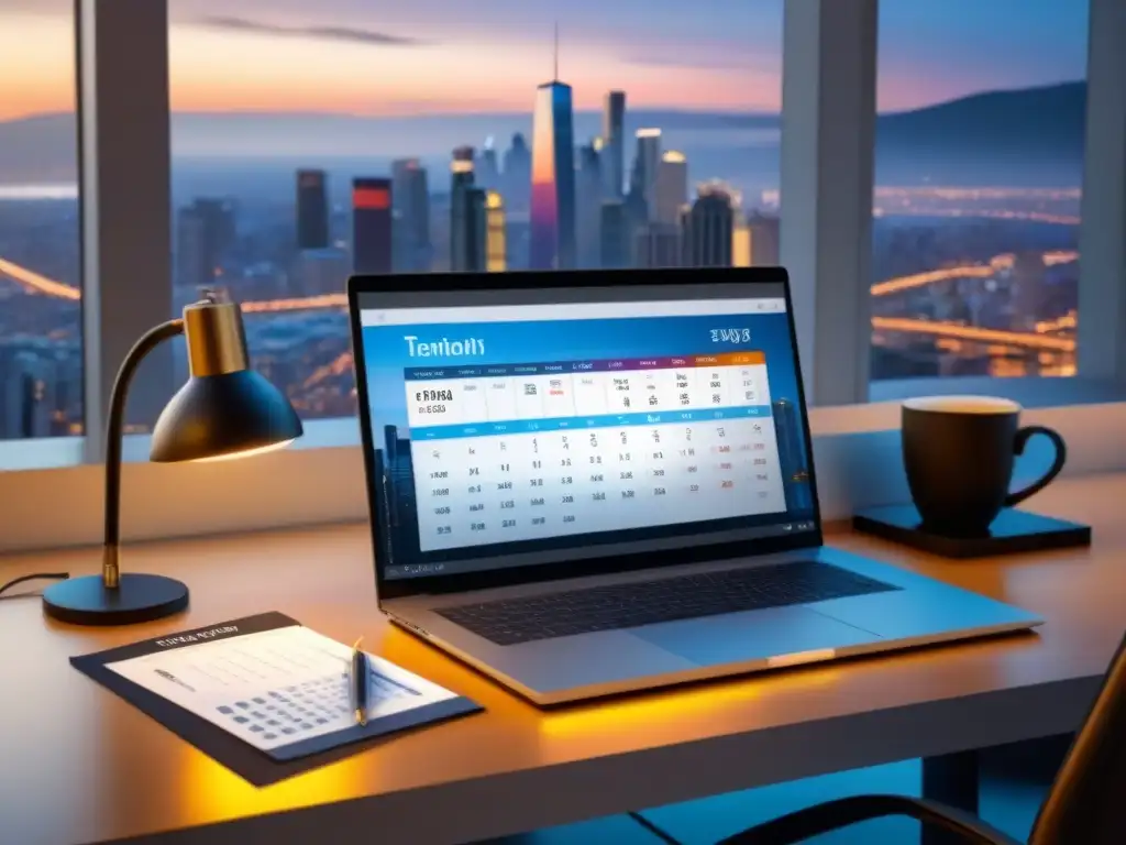 Oficina moderna con software inmobiliario y vistas urbanas Escritorio moderno con aplicación gestión inmobiliaria financiamiento y vista urbana al atardecer