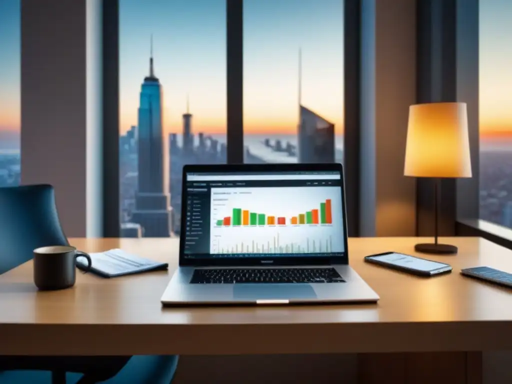 Escritorio ejecutivo para inversores inmobiliarios Un escritorio moderno con laptop mostrando datos de inversión inmobiliaria, llaves, bolígrafo y smartphone con gráfico financiero