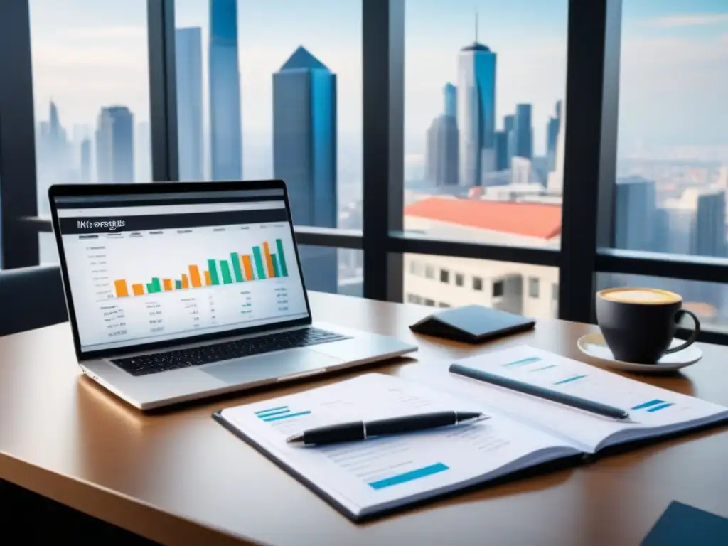 Oficina moderna para gestión hipotecaria en crisis Escritorio moderno con laptop y datos financieros, ideal para gestionar hipotecas en crisis urbana