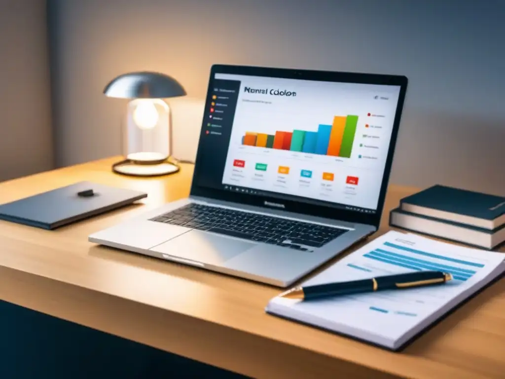 Oficina moderna: estrategias financieras innovadoras Escritorio moderno con laptop y gráficos financieros