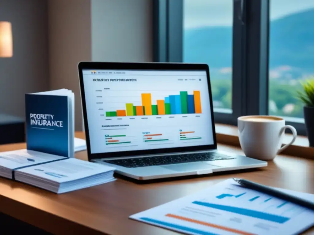 Oficina moderna con laptop y gráficos de seguros de propiedad Escritorio moderno con laptop mostrando gráficos de programas afiliados seguros propiedad 2023, folletos, café y gafas, bañados en luz natural