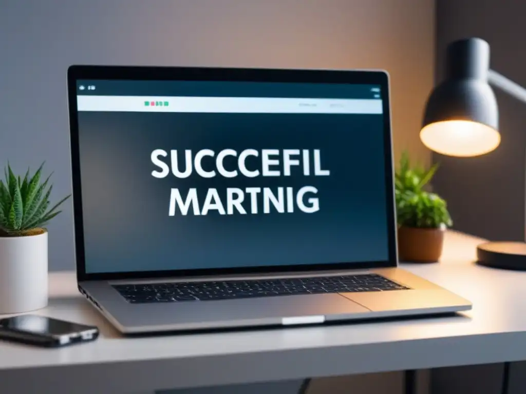 Oficina moderna para marketing de seguros con eficiencia y profesionalismo Escritorio moderno con laptop mostrando métricas exitosas de Programa Afiliados Seguros Propiedad Confiable