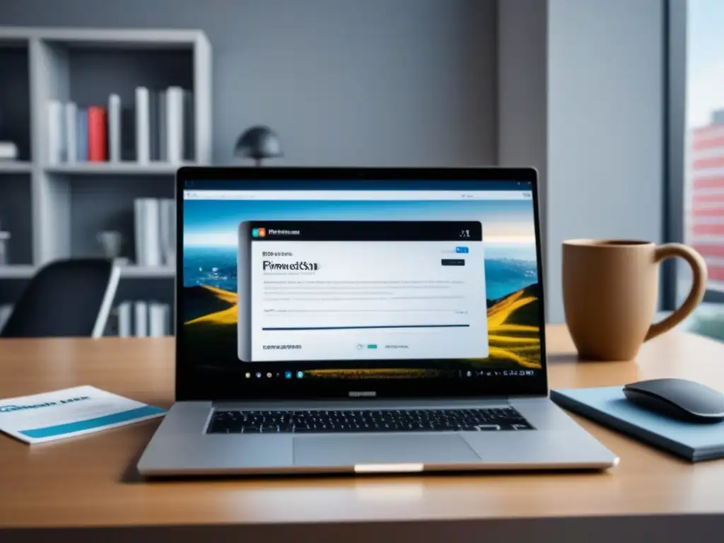 Oficina moderna: email phishing en el mundo inmobiliario Escritorio moderno con laptop, email de phishing y brochures inmobiliarios