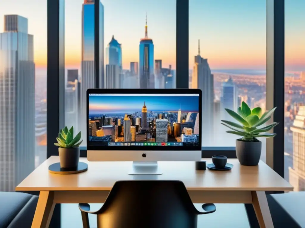 Oficina moderna con laptop y revistas de bienes raíces Escritorio moderno con laptop mostrando plataformas listado propiedades afiliados, revistas y vista panorámica de la ciudad