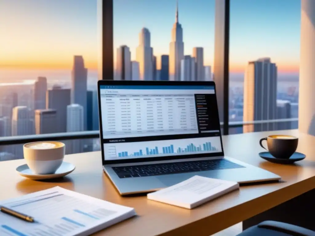 Oficina moderna: planificación financiera y inversión inmobiliaria Escritorio moderno con laptop, libros de inversión inmobiliaria y vista urbana, simbolizando hipotecas privadas financiamiento inmobiliario