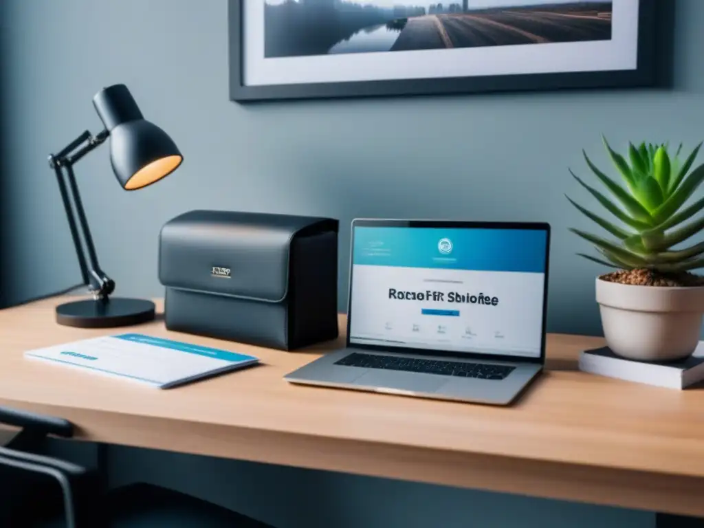 Oficina elegante para branding en propiedad Escritorio moderno con laptop, infografía de marca, planos arquitectónicos y tarjetero personalizado