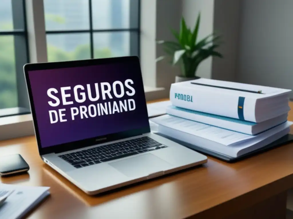 Escritorio profesional: inversión diversificada y seguros de propiedad Escritorio moderno con portafolio de inversión diversificado, informes financieros, café y pólizas de seguros de propiedad