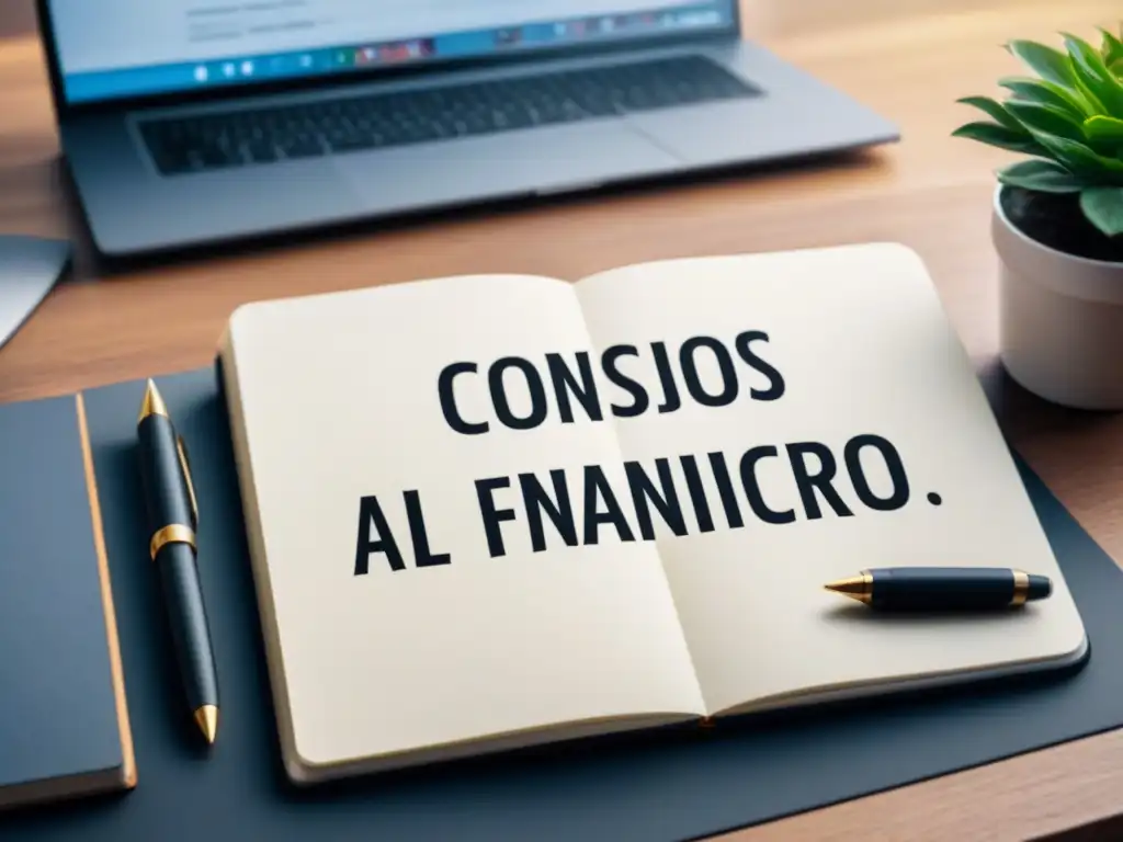 Oficina elegante: Consejos para el éxito financiero Escritorio moderno y sereno con laptop, café, planta y cuaderno 'Consejos para el éxito financiero'