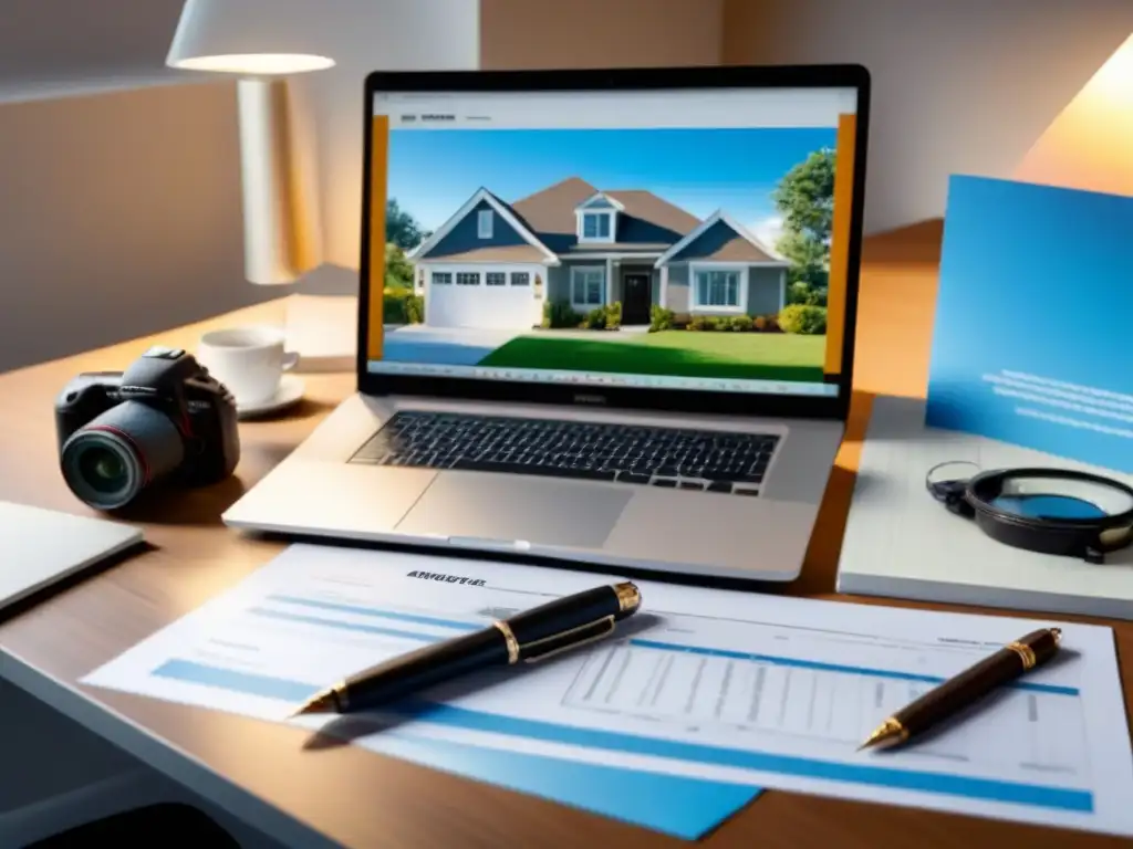 Escritorio profesional de tasador inmobiliario Un escritorio de oficina moderno y elegante con herramientas de tasador inmobiliario profesional, bañado por la luz del sol