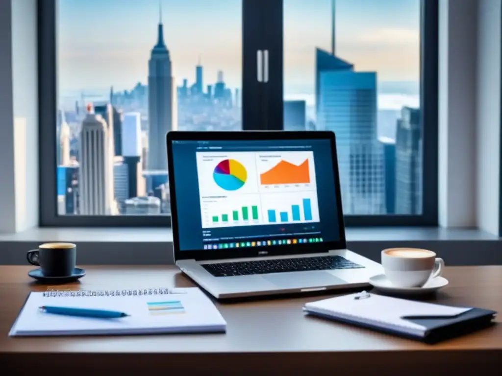 Escritorio de oficina moderno con laptop mostrando gráficos de análisis del mercado inmobiliario en una ciudad