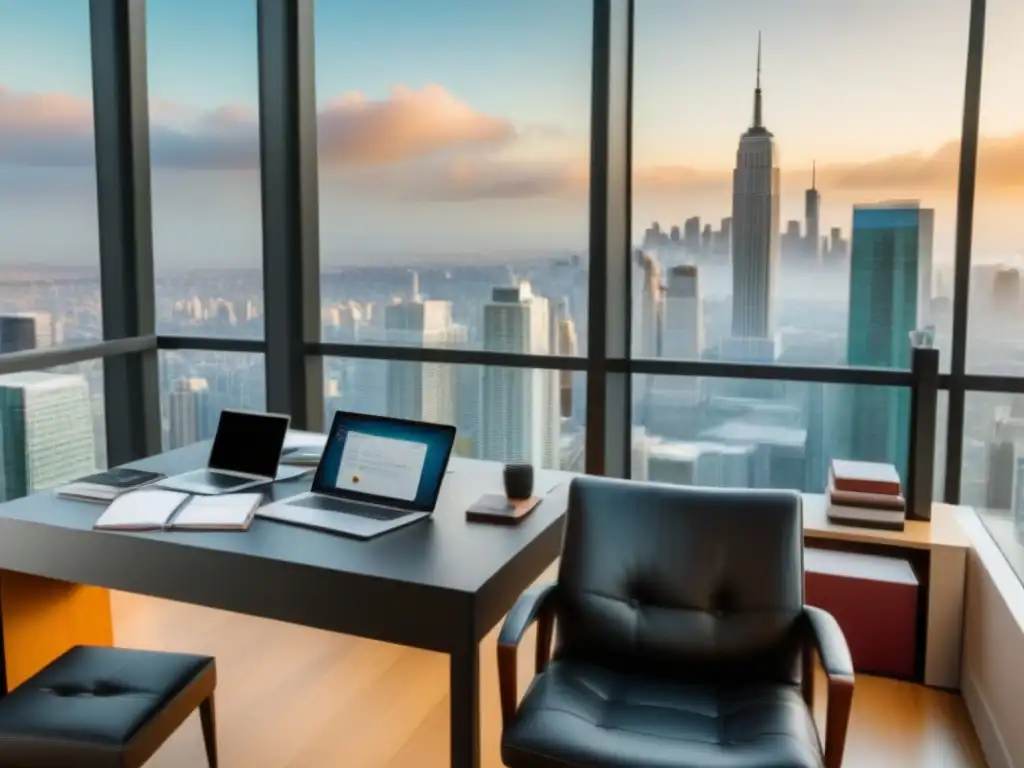 Oficina de lujo con certificación inmobiliaria Escritorio de oficina moderno de lujo con certificaciones inmobiliarias y documentos profesionales, clave 'Certificado' y vista urbana