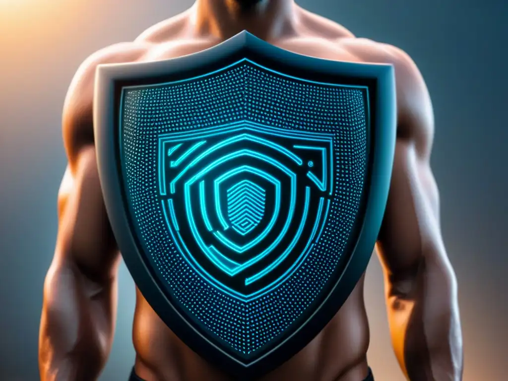 Escudo cibernético futurista para prevenir fraude inmobiliario Escudo digital futurista con código binario y huella digital transparente, simbolizando prevención fraude inmobiliario información personal