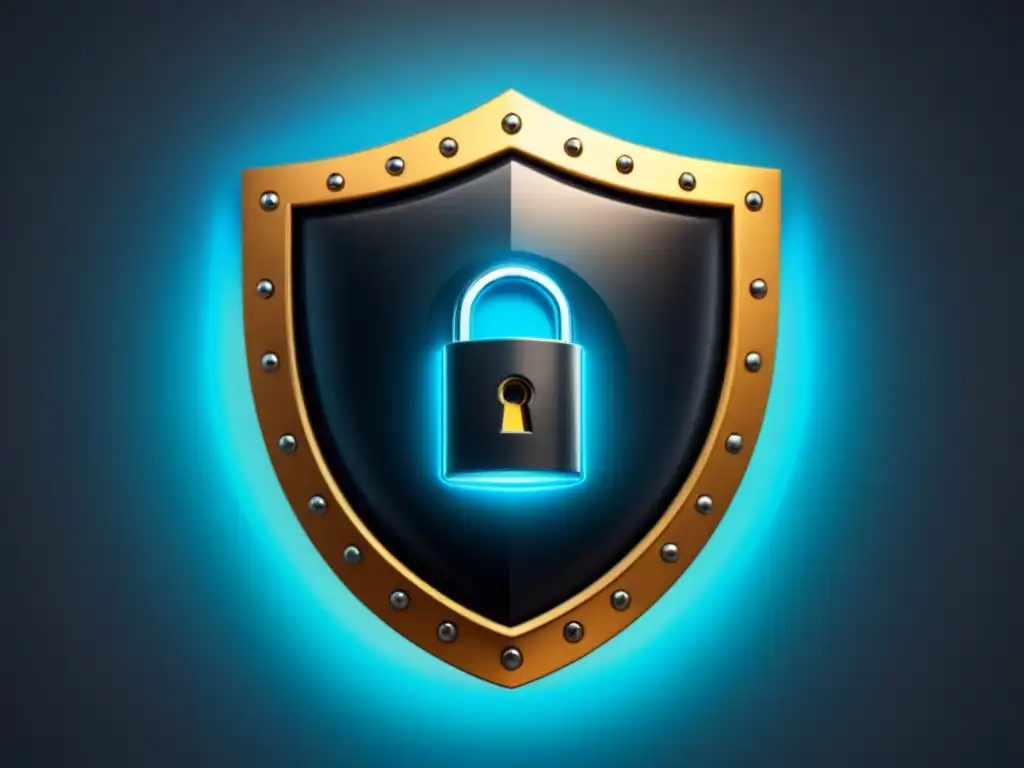 Escudo cibernético: protección contra robo de identidad Un escudo digital futurista con un icono de candado, rodeado de patrones de circuitos y código binario, simbolizando medidas avanzadas de ciberseguridad para la prevención del robo de identidad financiamiento inmobiliario