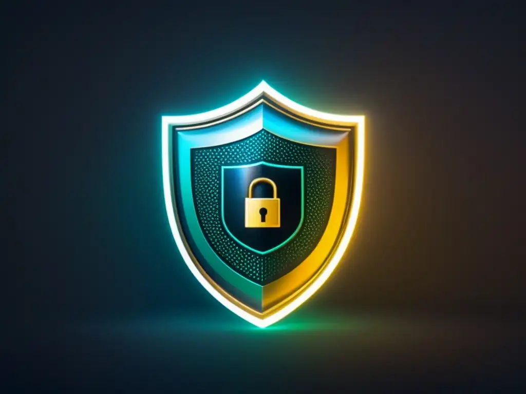 Escudo digital: seguridad financiera en plataformas inmobiliarias Un escudo digital futurista con patrones de código binario protegiendo datos financieros en plataformas de financiamiento inmobiliario