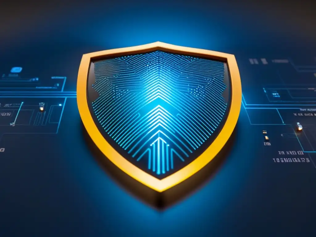 Escudo futurista digital protege sistema de hogar seguro Un escudo futurista con circuitos y un plano de casa segura, previniendo fraude inmobiliario