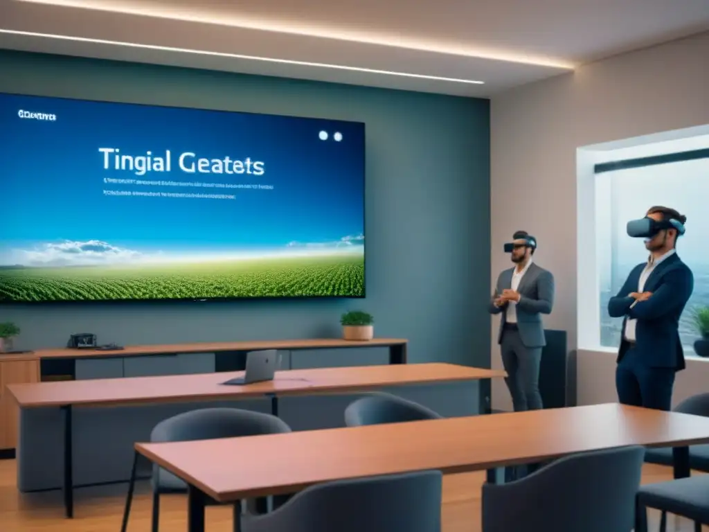 Aula futurista con tecnología avanzada para educación financiera Escuela del futuro con tecnología avanzada: pantallas interactivas, realidad virtual y herramientas educativas de finanzas inmobiliarias