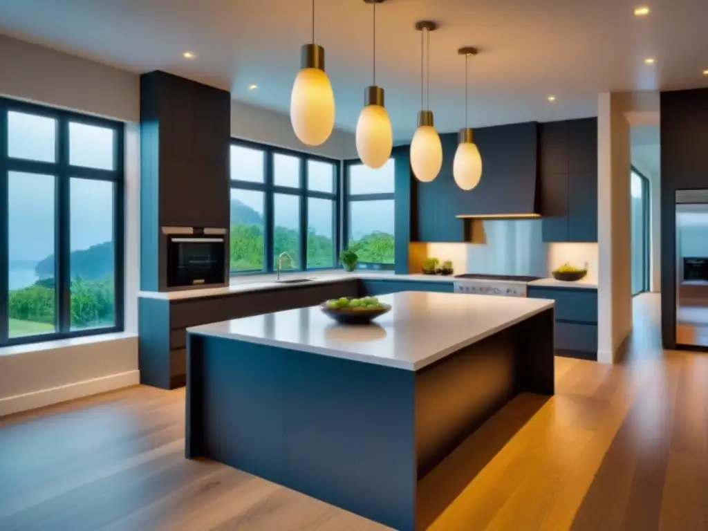 Espacio de cocina moderna en casa renovada con elegantes acabados, isla central y luz natural