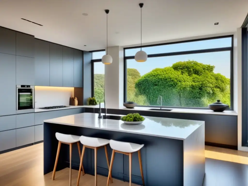 Un espacio de cocina moderno y lujoso con electrodomésticos de acero inoxidable y encimeras de mármol