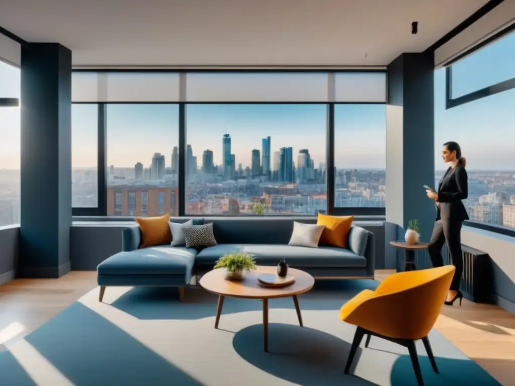 Espacio de convivencia moderno con vista panorámica en ciudad Un espacio compartido moderno con tendencias de diseño, jóvenes profesionales interactuando en un ambiente luminoso y contemporáneo