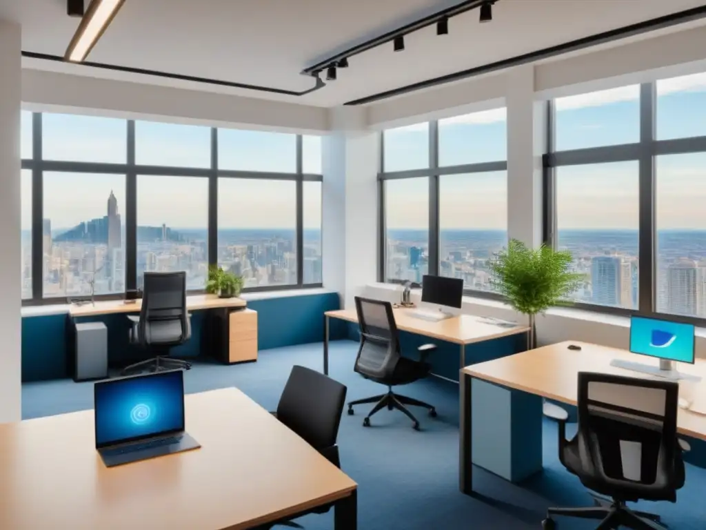 Espacio coworking moderno y luminoso para Generación Z Un espacio de coworking moderno y luminoso con estaciones de trabajo ergonómicas y tecnología avanzada