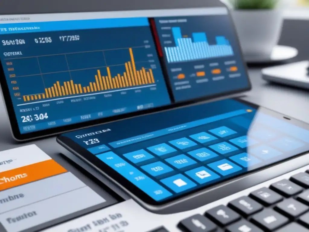 Interfaz digital de vanguardia para financiamiento inmobiliario Un espacio digital ultradetallado con herramientas digitales financiamiento inmobiliario en tonos profesionales de azules y grises