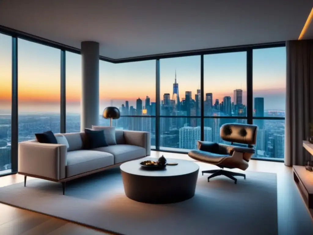 Salón de lujo en apartamento urbano: vistas panorámicas y diseño elegante Espacio elegante en apartamento urbano con vista panorámica, ideal para estrategias marketing contenidos sector inmobiliario