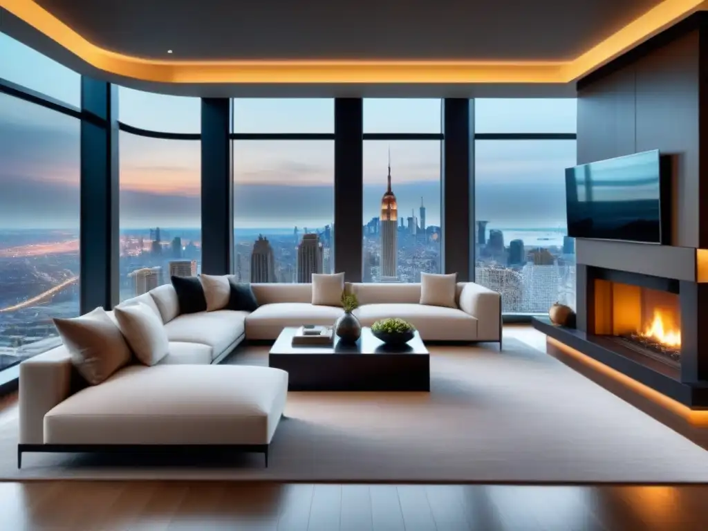 Sofisticada sala de estar en ático con vistas urbanas Espacio elegante con vista a la ciudad, mobiliario moderno y arte abstracto