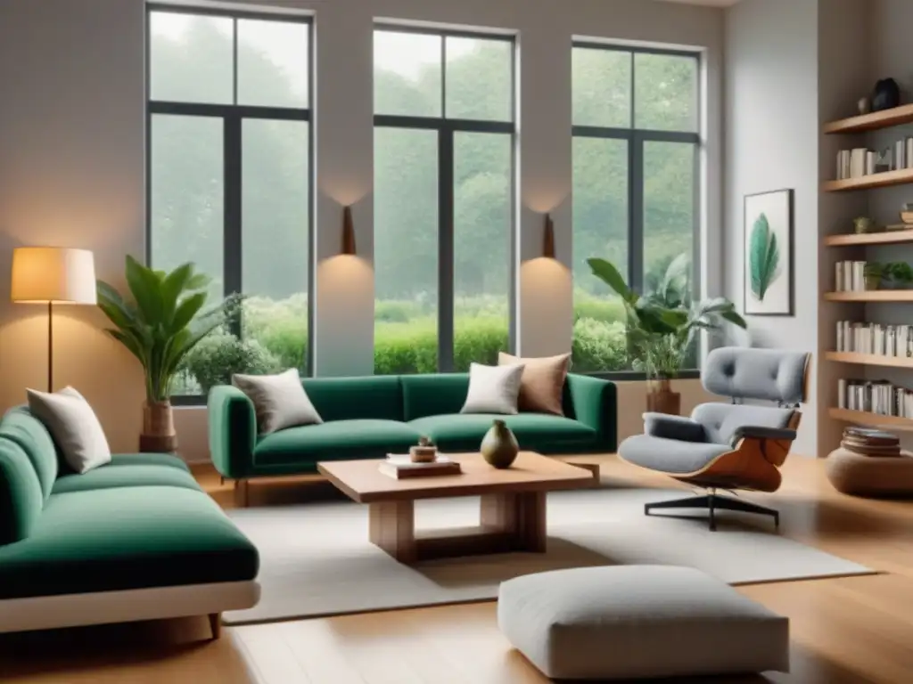 Salón moderno y sereno en 8k con rincón de lectura acogedor y jardín verde Espacio de lectura acogedor en un moderno y sereno salón, ideal para la salud mental en el hogar