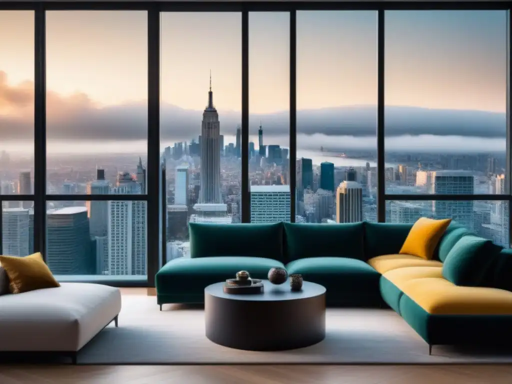Sala de estar de lujo: diseño moderno y elegante con vista a la ciudad Espacio de lujo con decoración elegante y vistas a la ciudad