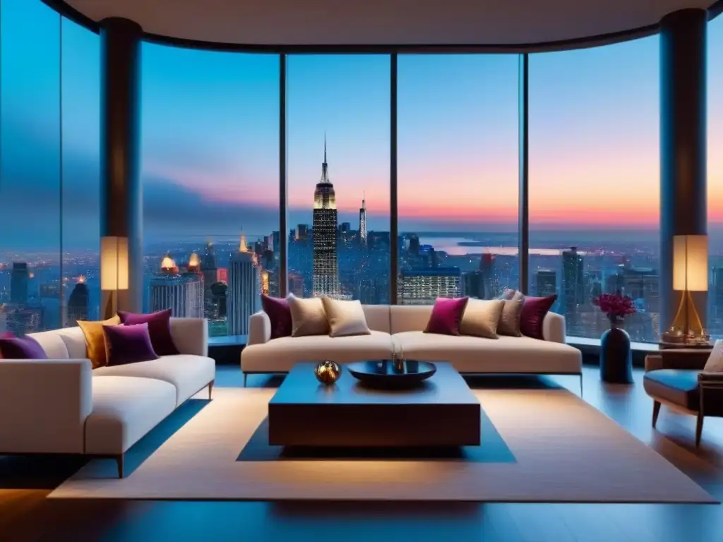 Penthouse de lujo con vista panorámica en tonos neutros y toques de joya Espacio de lujo en inmobiliaria: salón penthouse moderno con vistas urbanas, muebles elegantes y iluminación ambiental sofisticada