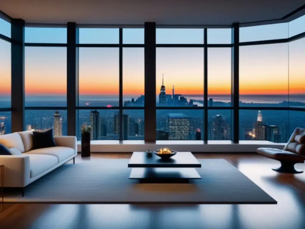Espectacular sala de lujo en rascacielos, arte y minimalismo Espacio moderno y luminoso en un apartamento de lujo, con vista panorámica de la ciudad y muebles minimalistas