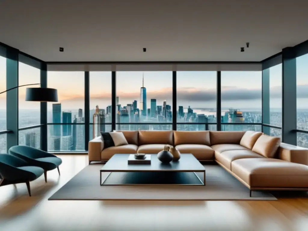 Salón moderno con vistas panorámicas de la ciudad en 8k Espacio moderno con vista panorámica a la ciudad, muebles contemporáneos y toques de verde