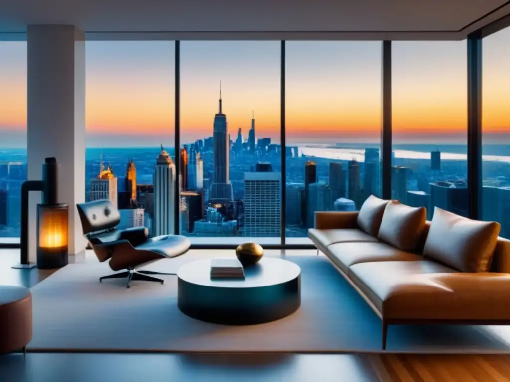 Salón moderno con vista panorámica: lujo y sofisticación en 8k Espacio moderno con vista urbana desde ventana panorámica
