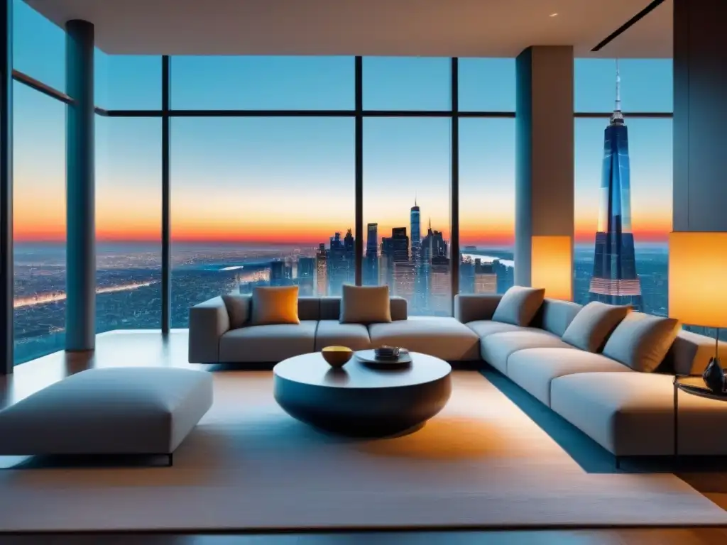 Salón moderno con vista panorámica de la ciudad y diseño de lujo Espacio moderno con vista urbana, mobiliario contemporáneo y gadgets hightech